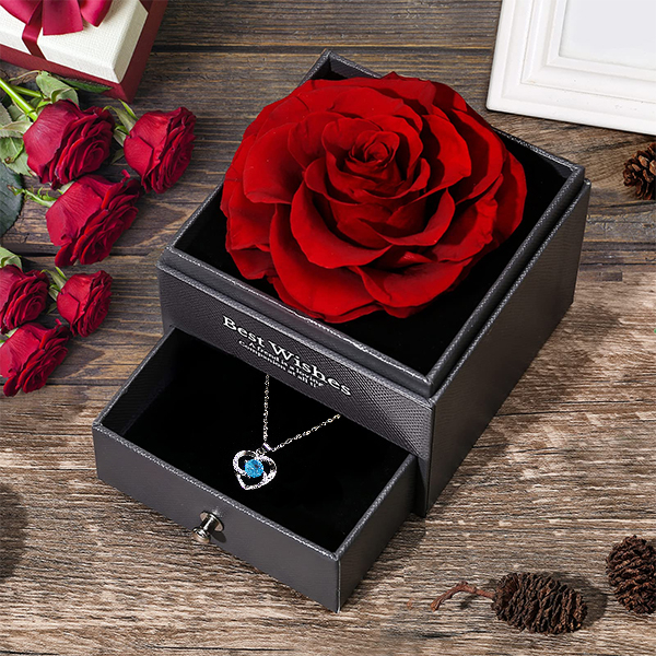 Hadiah Untuk Cewek Mawar Abadi yang Diawetkan Selamanya Tulang selangka berbentuk hati with kalung Rose dalam Kotak Cinta Terbuat dari Mawar Kecantikan Segar Sejati - Kado Romantis untuk Wanita, Wanita, Ibu