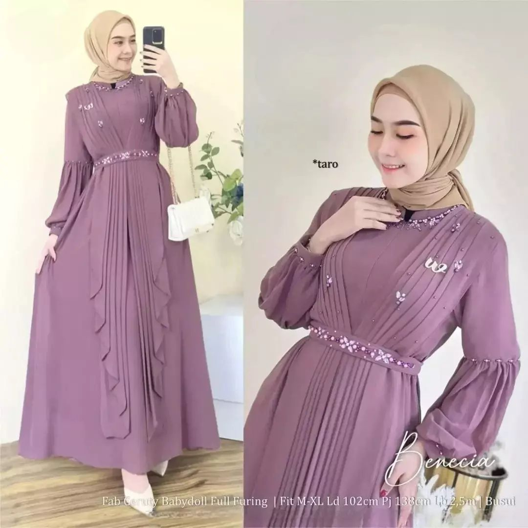 Gamis benecia maxy bahan ceruty baby doll premium full furing / busui / resleting depan original