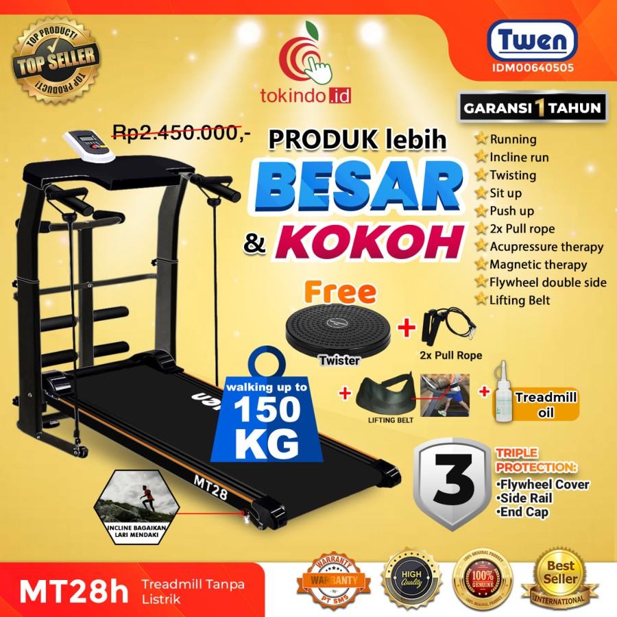 TWEN MT28 Hitam Treadmill Manual Multifungsi Treadmill Manual