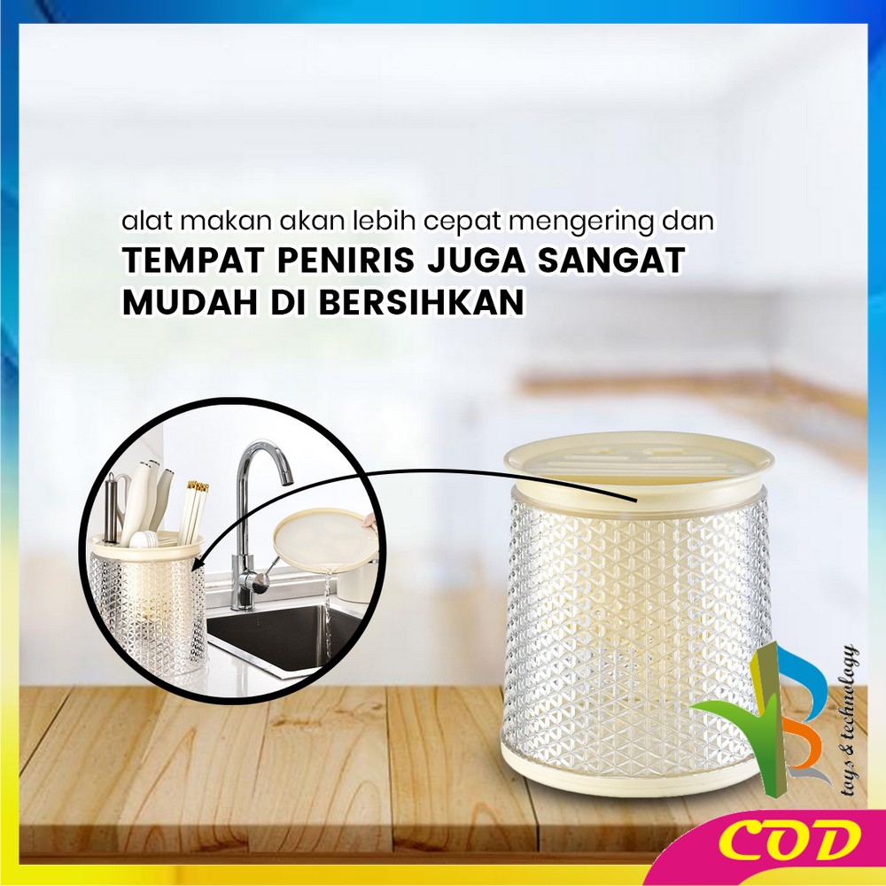 RB-C854 Tempat Sendok Garpu Sumpit Pisau Cutlery Holder Dengan Tirisan / Wadah Penyimpanan Rak Putar 360° Estetik Peralatan Dapur