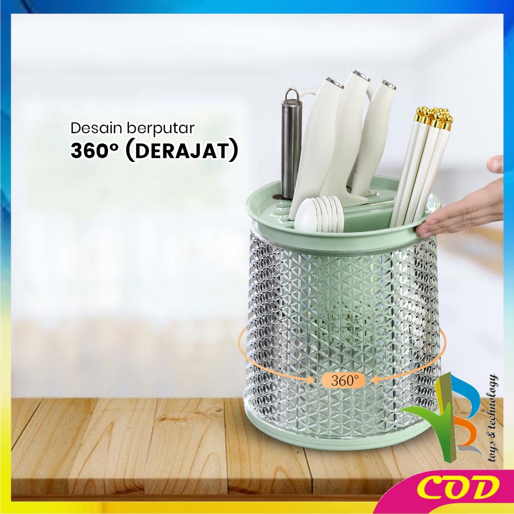 RB-C854 Tempat Sendok Garpu Sumpit Pisau Cutlery Holder Dengan Tirisan / Wadah Penyimpanan Rak Putar 360° Estetik Peralatan Dapur