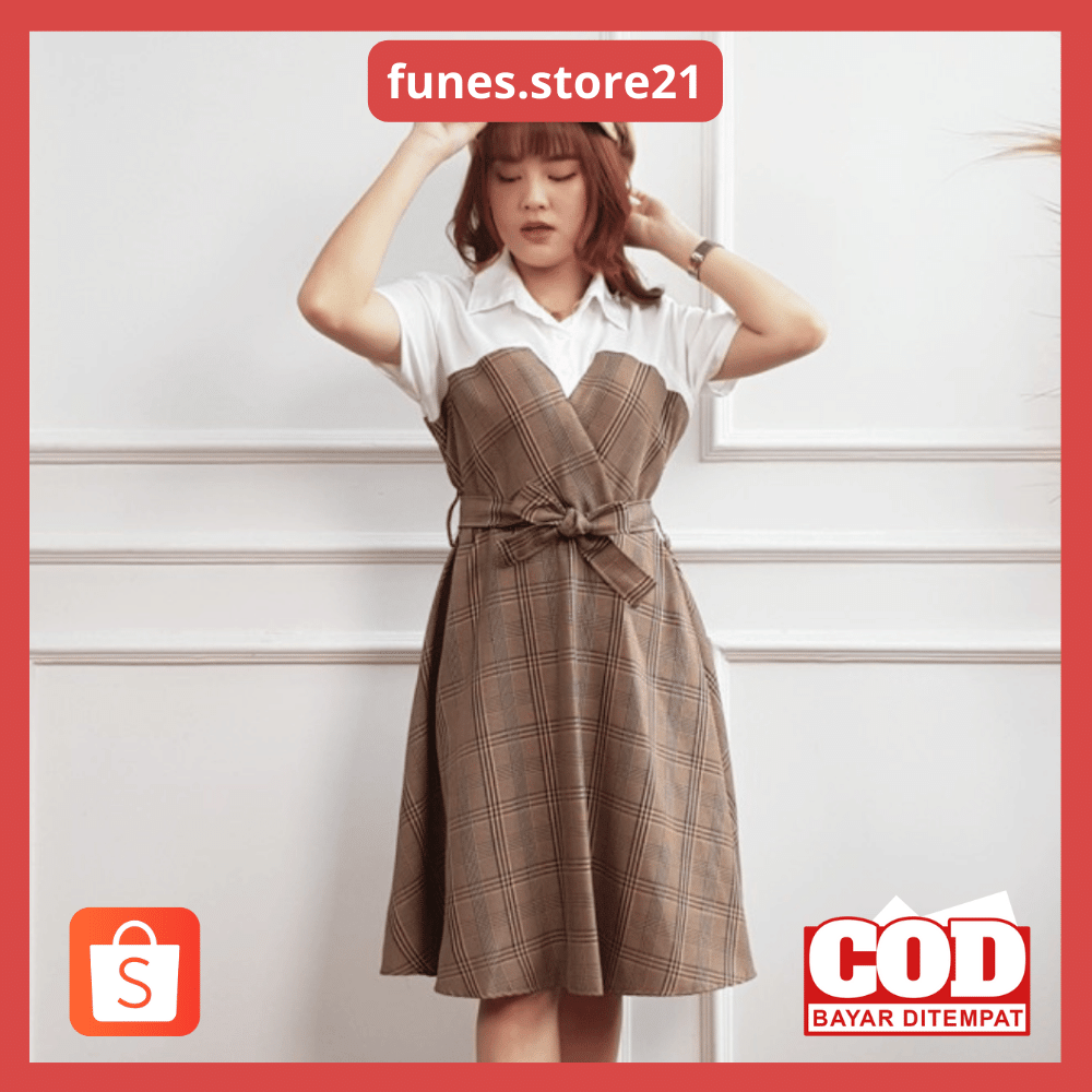 D2722J dress kotak kotak wanita - YELLOW LINEN L (Z4L2) Tunic Waffle Premium High Quality Modern Ter