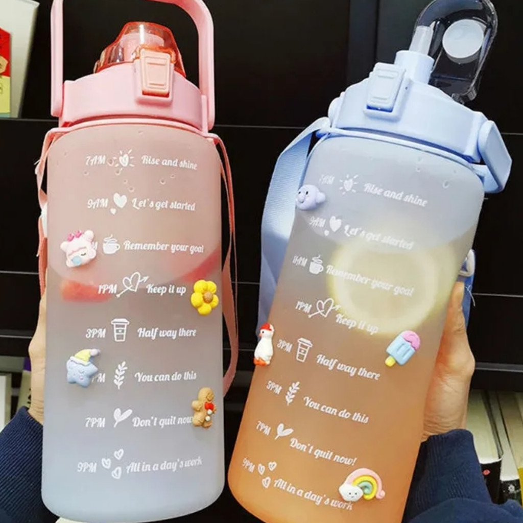 (Premium tebal)Botol Minum Viral dengan Penanda Waktu Kapasitas Besar 2liter bahan /Botol minum infuser plus stiker