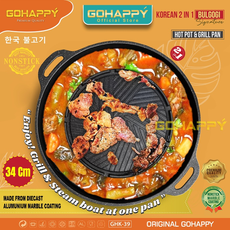 Panci Grill Pan Korea Bulgogi 2 Multifungsi untuk Barbekyu, Steamboat, dan Shabu Hot Pot dengan Lapi