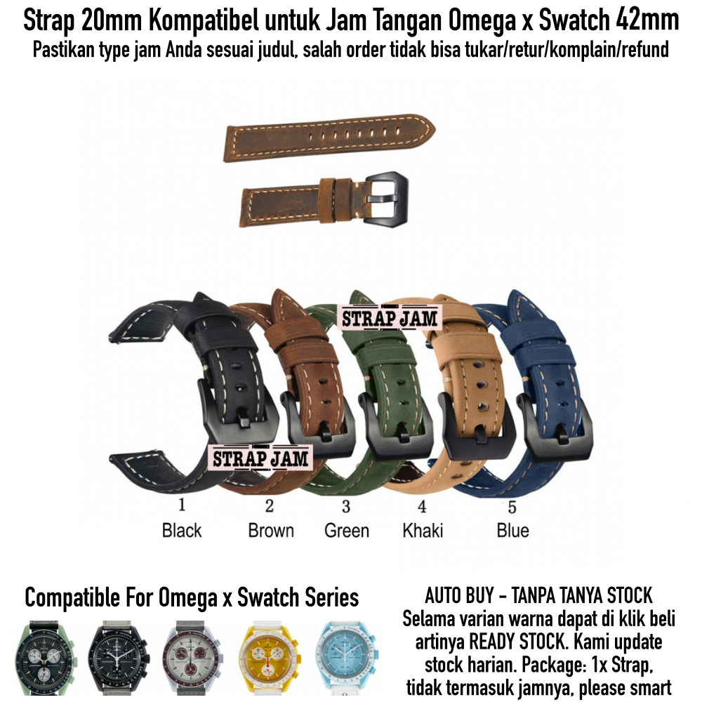 Crazy Horse 20mm Leather Strap Omega X Swatch 42mm - Tali Jam Tangan Kulit Tebal