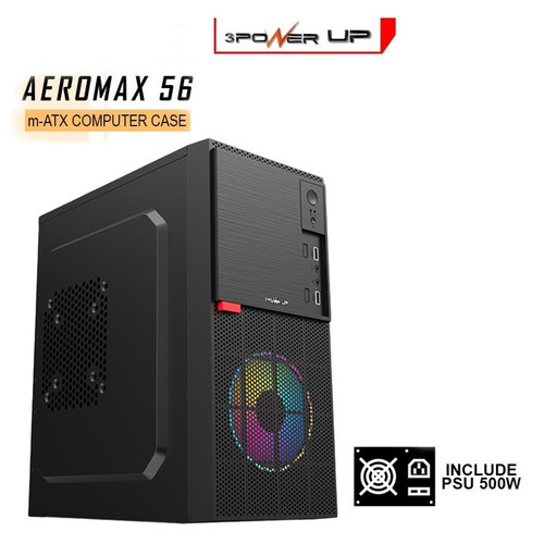 POWER UP CASING AEROMAX AM-560, CASE MINI TOWER M-ATX WITH PSU 500WATT + FAN CASE 12CM RGB