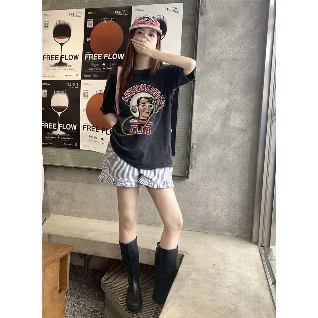 EUNII T-shirt Lengan Pendek Black Washed Cartoon Aviation Man Printing Korean Style/Kaos Atasan Wanita/Baju Wanita/Kaos Wanita