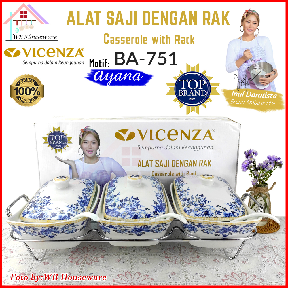 VICENZA wadah saji set isi 3 + rak motif ayana / pemanas makanan / casserole food warmer keramik BA-