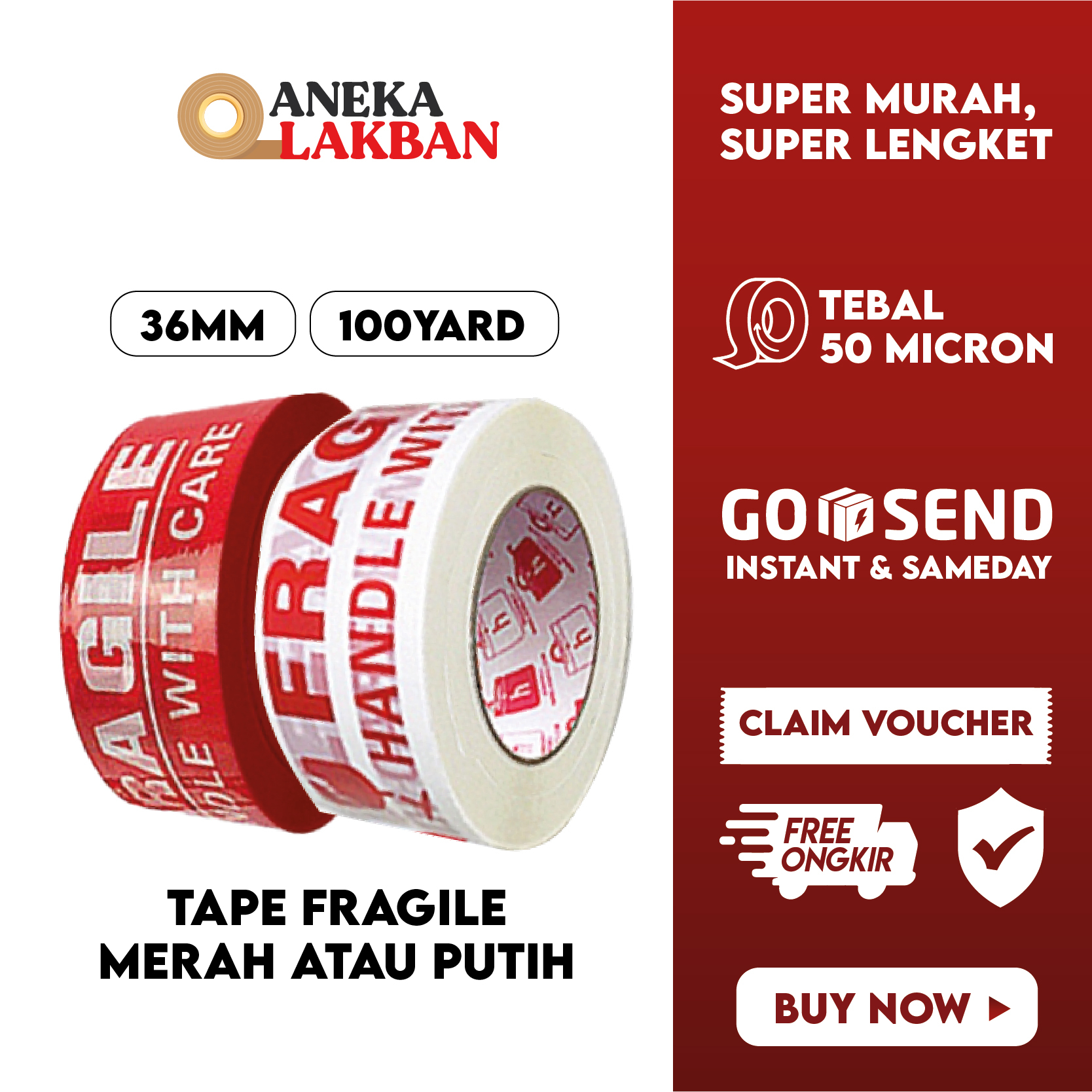 

HORICI LAKBAN FRAGILE MERAH PUTIH 36MMX100Y ISOLASI JANGAN DIBANTING MUDAH PECAH BELAH
