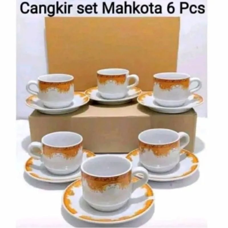 Cangkir set keramik mahkota 6pcs + tatakan