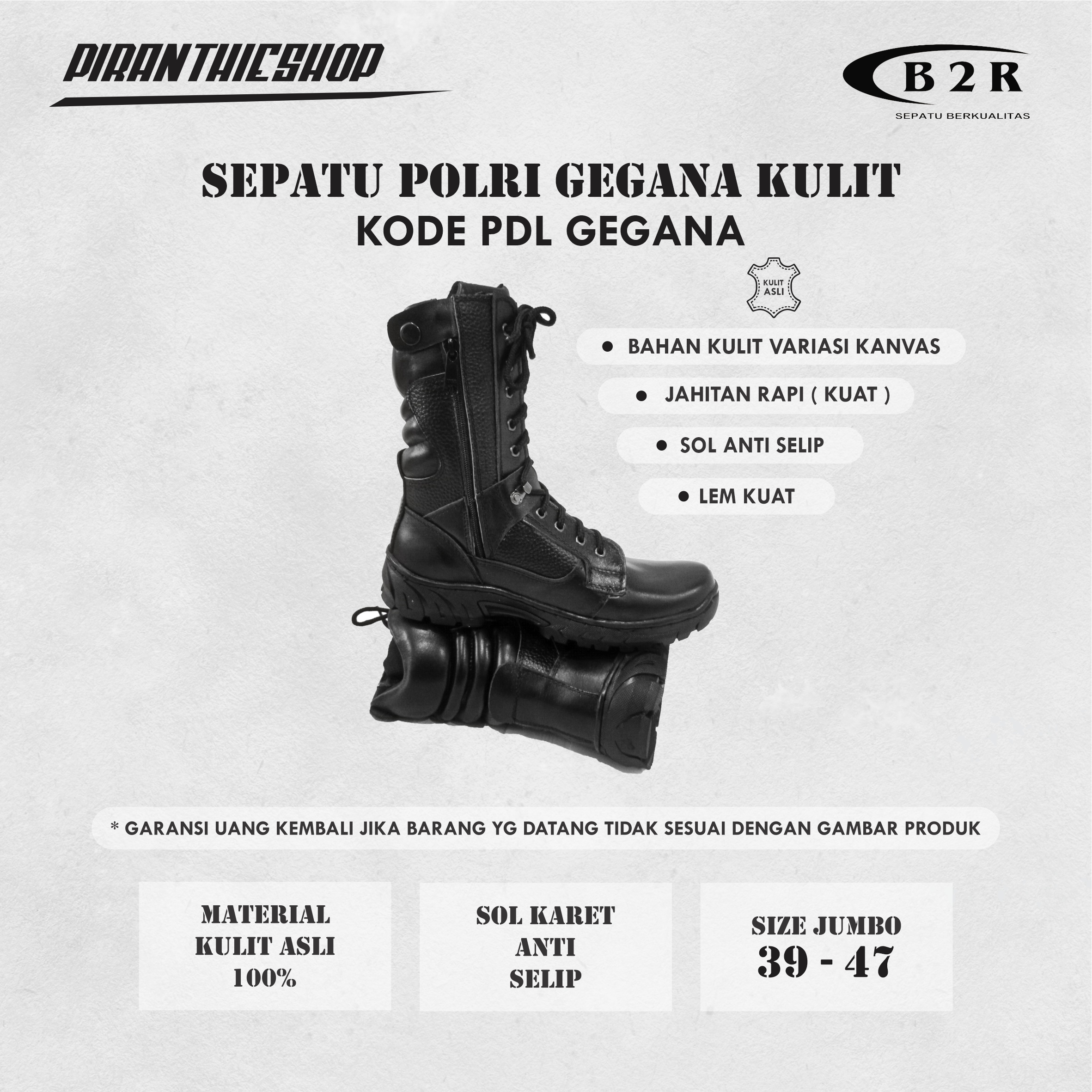 Sepatu PDL Gegana Kulit Asli seri PDLG-Mil Standar Brimob Merk B2R