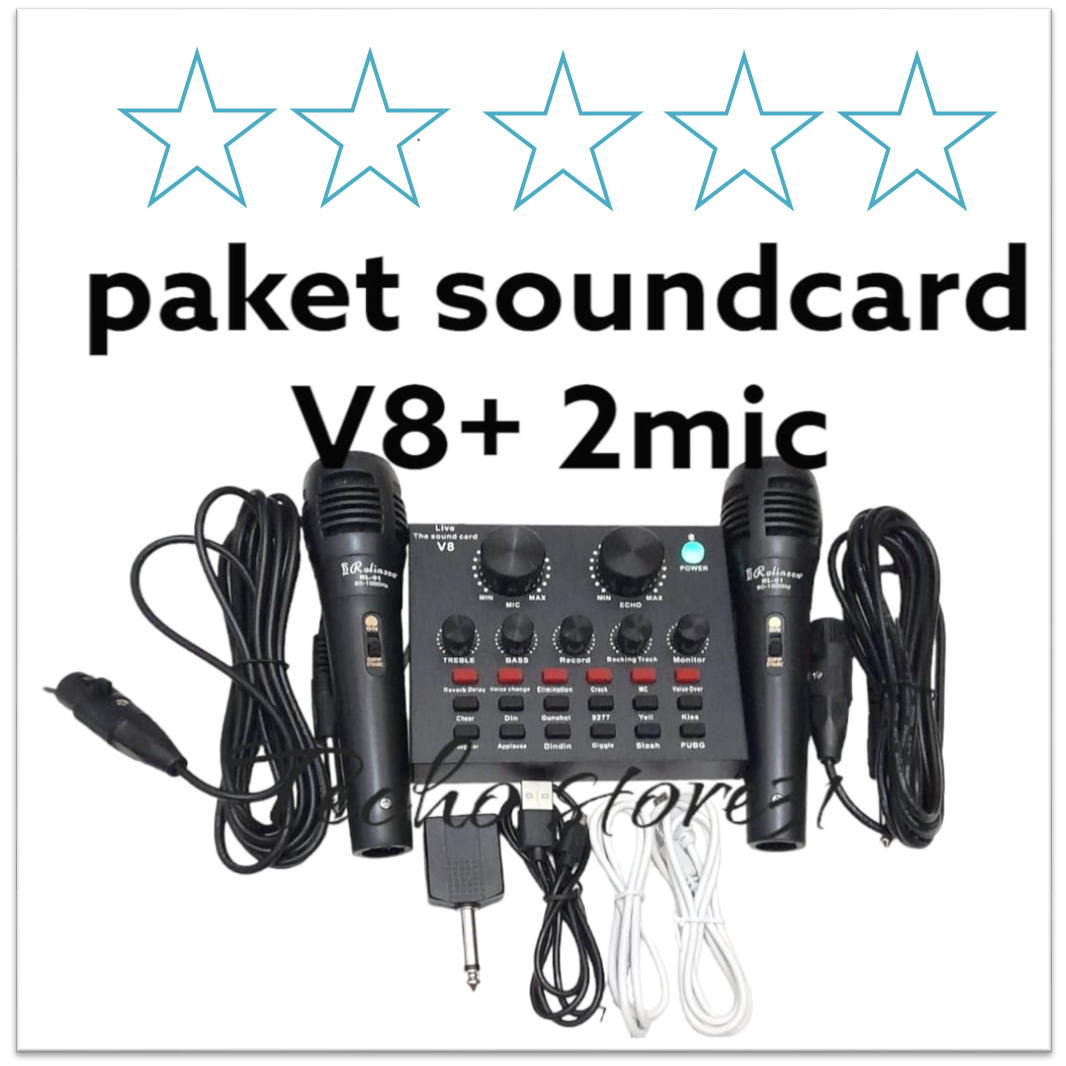 Sound Card V8 +2 mic karoke  Mixer Bluetooth PAKET LENGKAP Microphone + SOUNDCARD V8, REKAMAN / LIVE