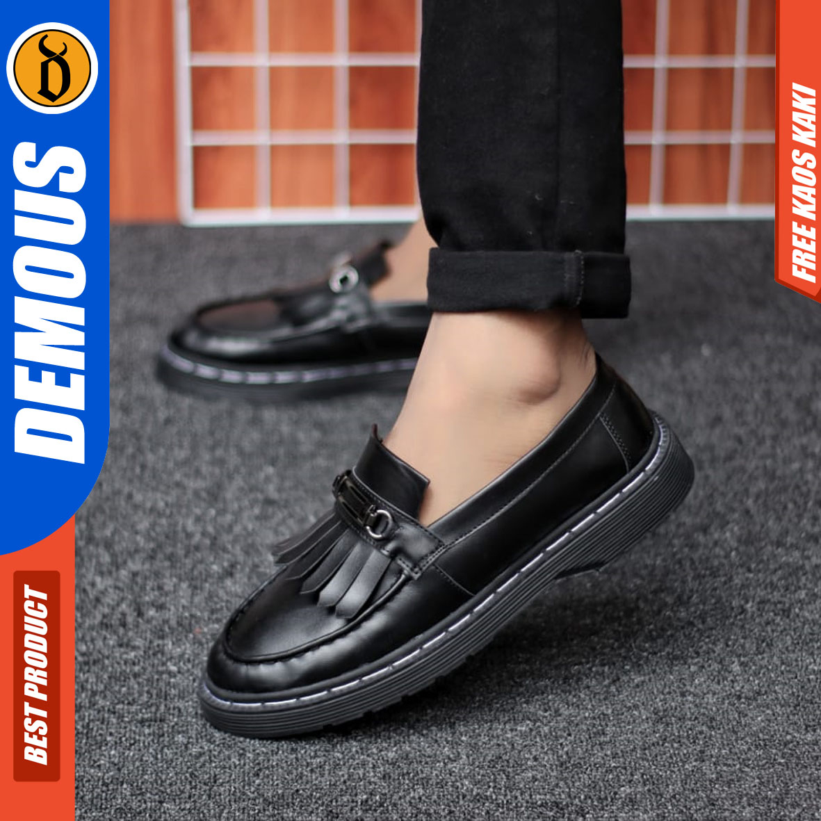 DEMOUS HIMAWARI - Sepatu Loafers Pantofel Formal Pria Docmart Casual Kulit PU Hitam Kerja Pria