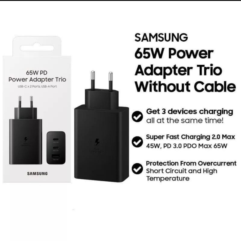 PD Adapter Samsung 65Watt Batok Casan 3Port 2Type-C 1USB Super Fast Charging dan Charger Adaptor 35Watt Pengecasan Super Cepat