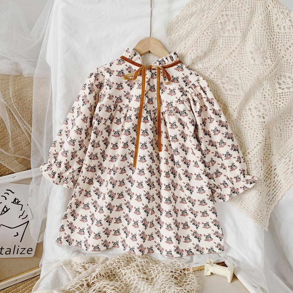 Dress Anak Perempuan Lengan Panjang Motif Retro Clasic Neck Pita Coklat