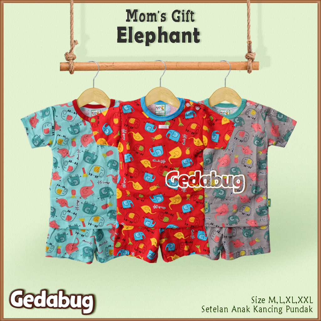 3 Setel - Setelan Kaos Anak Mom's Gift Elephant PENDEK | Setelan Baju bermain Anak Moms Gift | Gedabug