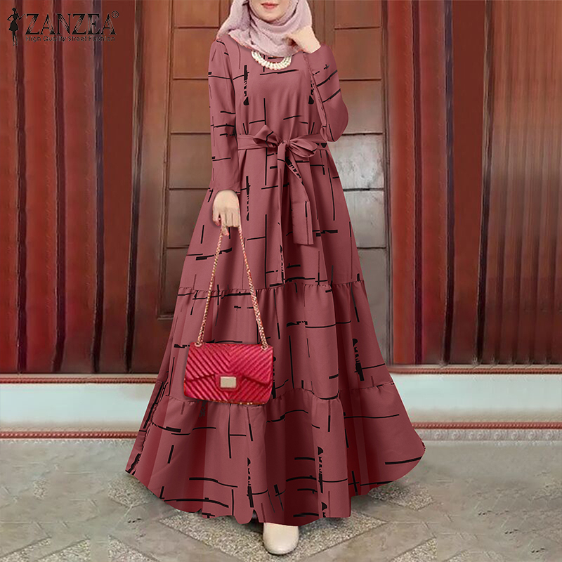 ZANZEA Women Muslim Elegant Print Belt Back Neck Button No Pocket Long Dress