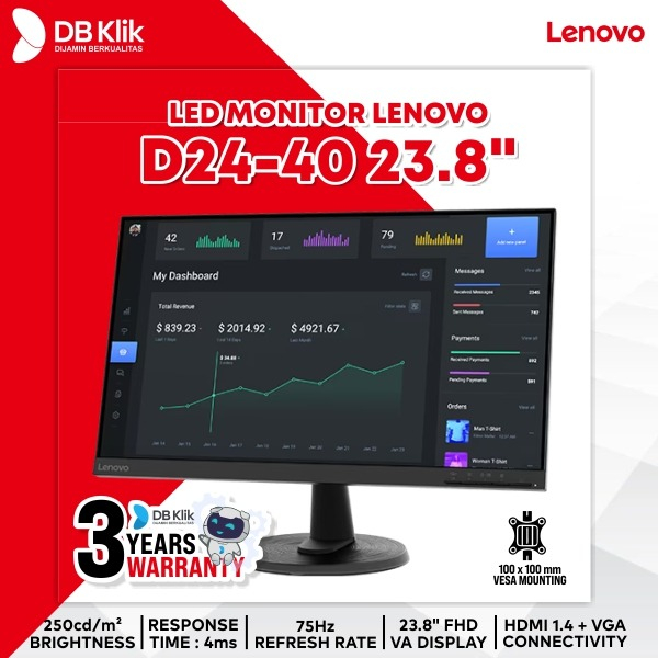 Led Monitor Lenovo D24-40 23.8&quot; 75Hz Full hd Hdmi Vga - D24 40