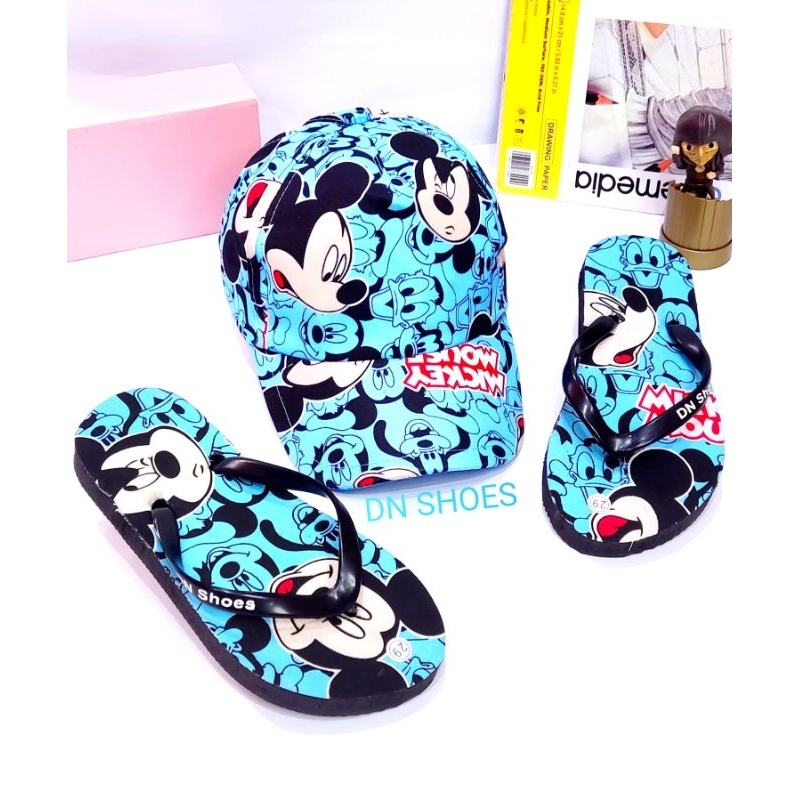 Paket Sendal Anak Cewe Fashion Anak Perempuan Paket Topi Anak Sandal Anak Lucu Karakter Miki Biru