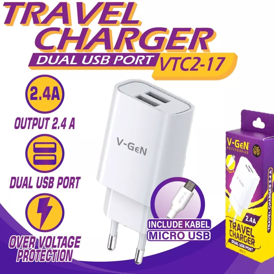 Adaptor Charger V-GeN VTC2-17 2.4A Dual Port USB free USB Micro Travel Charger VGEN