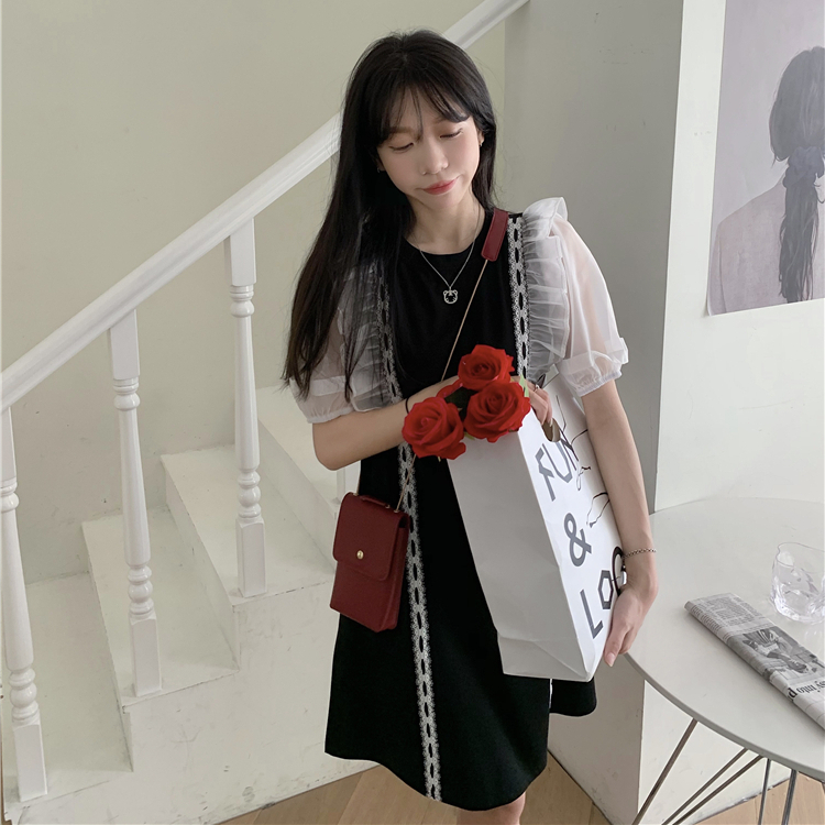 MOOGU ♡ Midi dress korea gaun jaring tambal sulam wanita dres