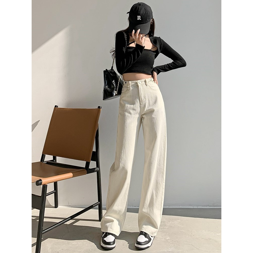 Krem Highwaist Kulot Celana Jeans Loose Wanita Korea Style （ Pinggang Yang Bisa Disesuaikan ）