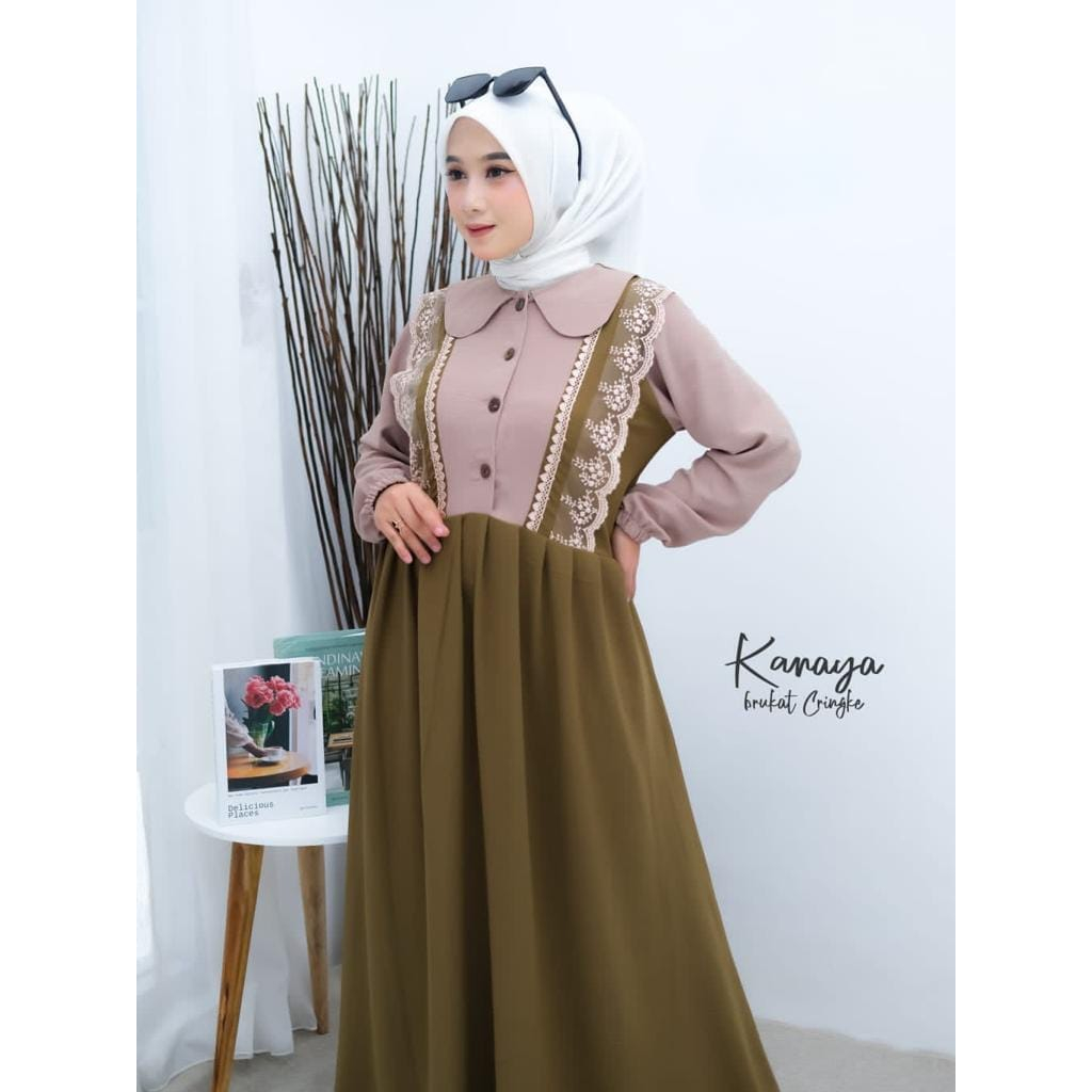 [COD] Kanaya Dress | gamis cringkle variasi renda Gamis Best Seller