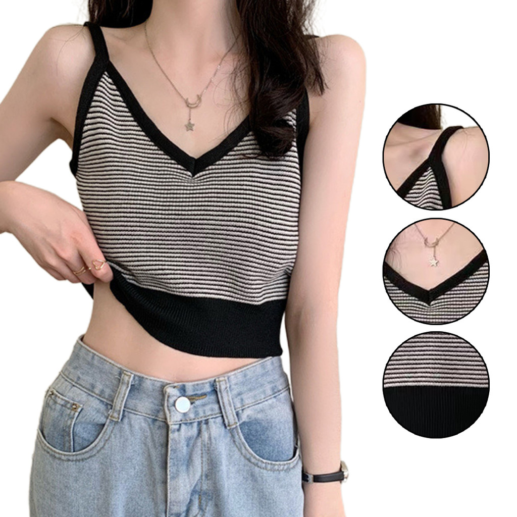 YS6134 Crop Top Knitted Adem Motif Garis Tepi Thick - SOSOYO