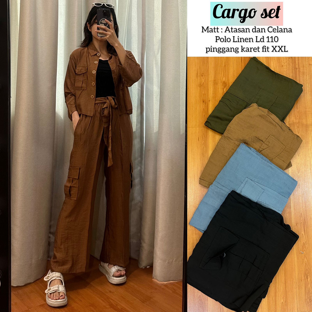 CARGO SET ATASAN&amp;CELANA PANJANG BAHAN POLO LINEN PREMIUM