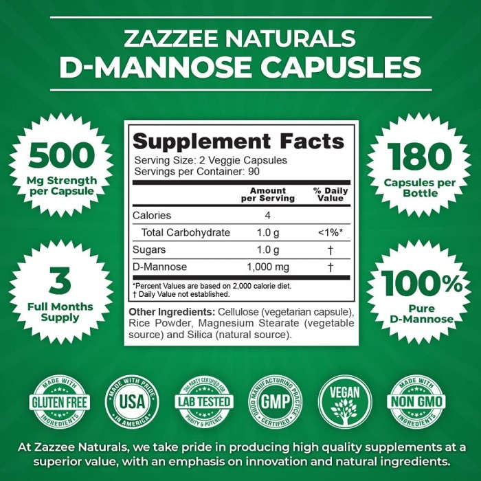 Zazzee Natural D-Mannose 1000 mg 180 VCaps Healthy Urinary Tract UTI