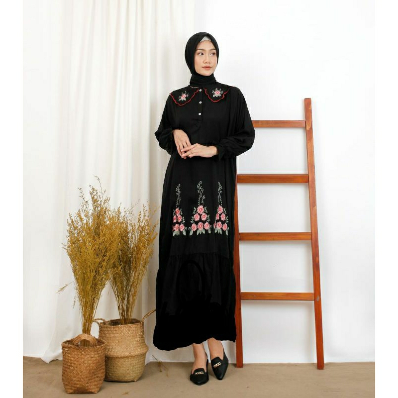 Gamis longdress bordir kerah rebah rayon twill