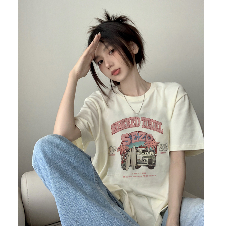 baju warna putih atasan wanita lengan pendek korean style letter car graffiti print T-shirt import oversize kekinian kaos cream