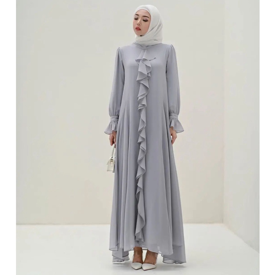 Aurora dress - Dress Kondangan Minimalis Ceruty / dress ruffle kondangan / dress putih wanita / dress korean style / dress korea / dress lebaran / dress kondangan wedding dress / dress kekinian / dress lengan balon / dress ruffle besar / dress pita leher