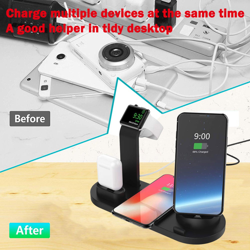 Pengisi Daya Nirkabel 4 in 1 Untuk Ponsel Pengisian Dock Station Kompatibel Watch Charger Micro USB Type-C