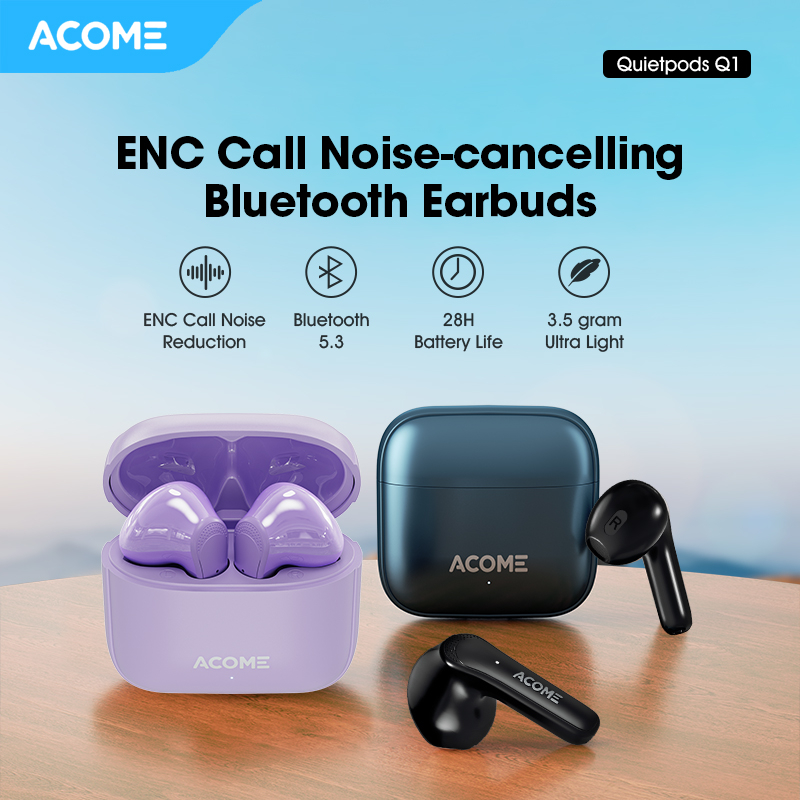 Acome Headset Earphone Bluetooth TWS5.3 ENC Call Noise Reduction 3,5 Gram Ultra Light - Garansi Resmi 1 Tahun Quietpods Q1