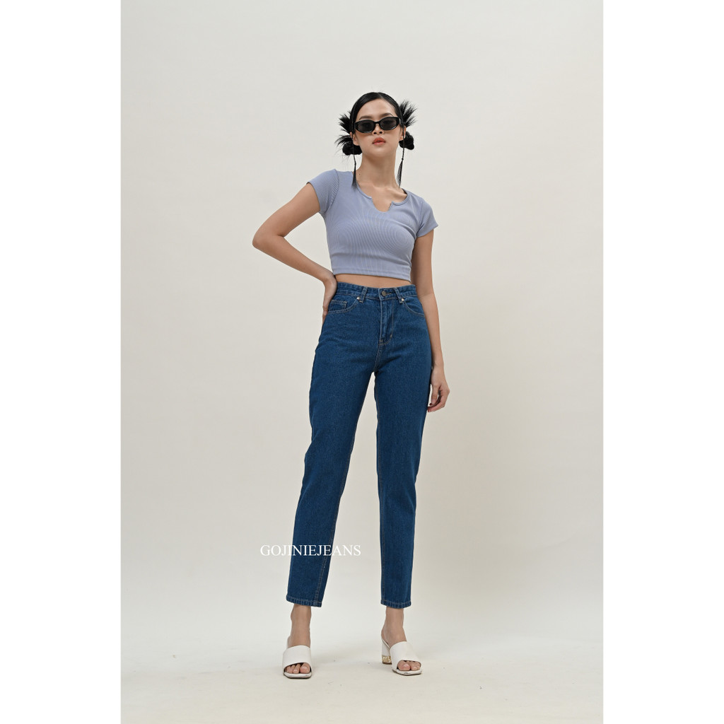 GOJINIEJEANS - Highwaist Boyfriend Basic Jeans Dark Blue - 5896 -  COMFORT BOYFRIEND