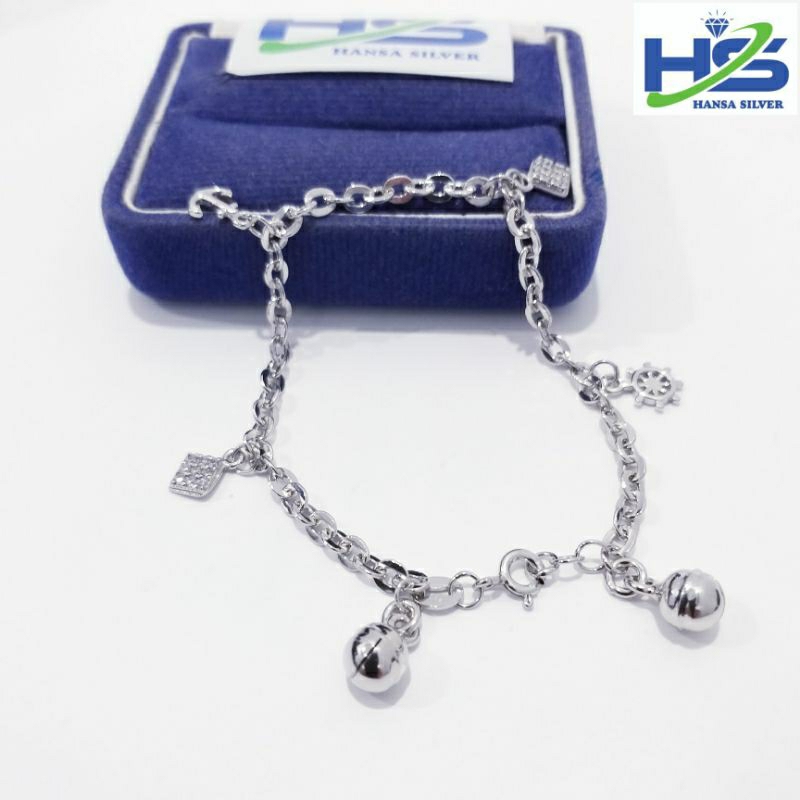 Gelang Perak Asli Silver Tangan Wanita 925 Lapis Emas Putih Rantai Nori Hollo Kopong Gantungan Love - Gelang Perak Wanita Anti Karat