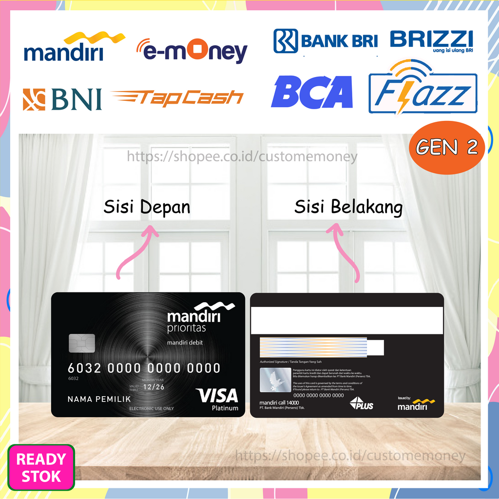 KARTU EMONEY DESIGN MANDIRI PRIORITAS BLACK HITAM E-MONEY MANDIRI FLAZZ GEN 2 TAPCASH BRIZZI 2 SISI