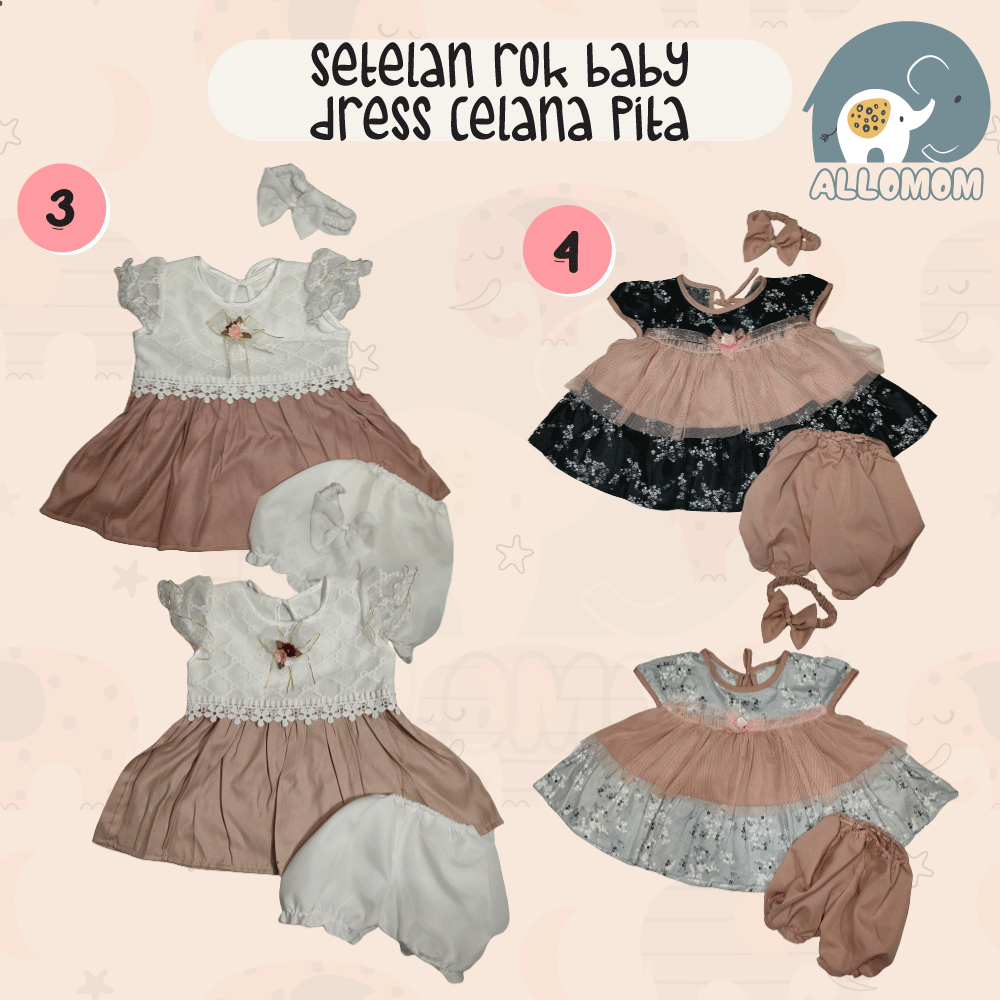 SETELAN ROK DRESS BABY GIRL ANAK CEWEK PEREMPUAN PITA BANDANA CELANA