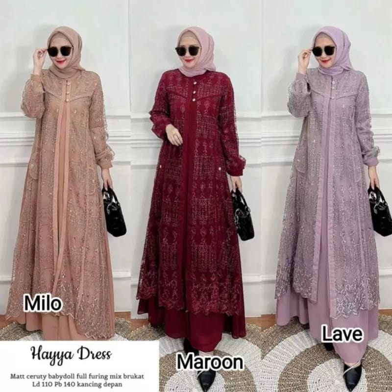 Hayya Dress Maxy Ceruty Babydoll Gamis Brukat Baju Kondangan Wanita Kekinian Gamis Pesta Wanita Muslim