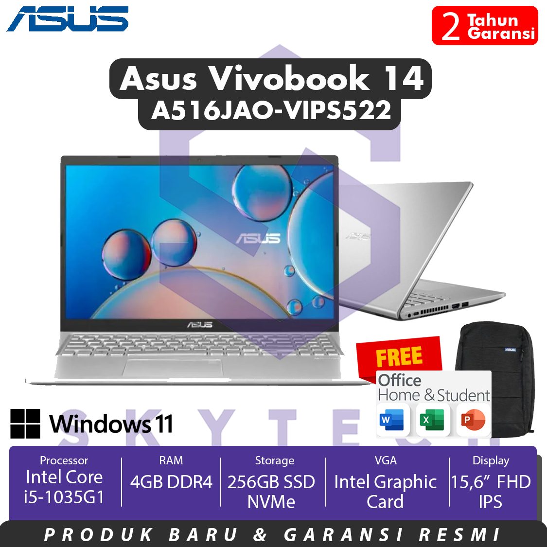 LAPTOP ASUS VIVOBOOK A516JAO VIPS522 INTEL I5 RAM 4GB SSD 256GB UMA WINDOWS 11 HOME + OFFICE 2021