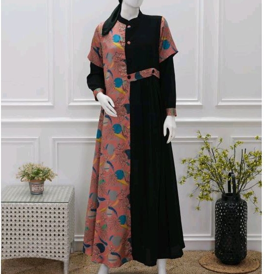 BerMus- Gamis 2 layer jetblack mix Dior silk by La Syakka original