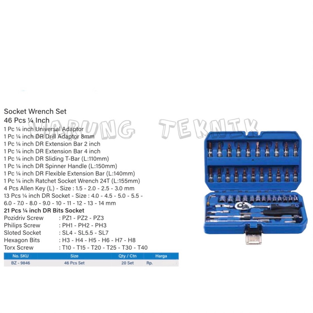 BENZ BZ-9846 SOCKET SET 46 PCS 1/4&quot; DR - Kunci Sok Set Drive 1/4&quot; 46 Pcs