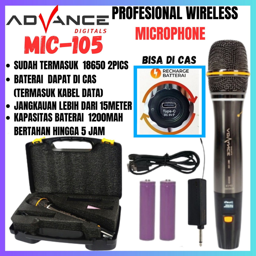 Mic Wireless Advance 105 Microphone 105 Mic Tanpa Kabel - Microphone Profesional Advance Mic-105 Mic