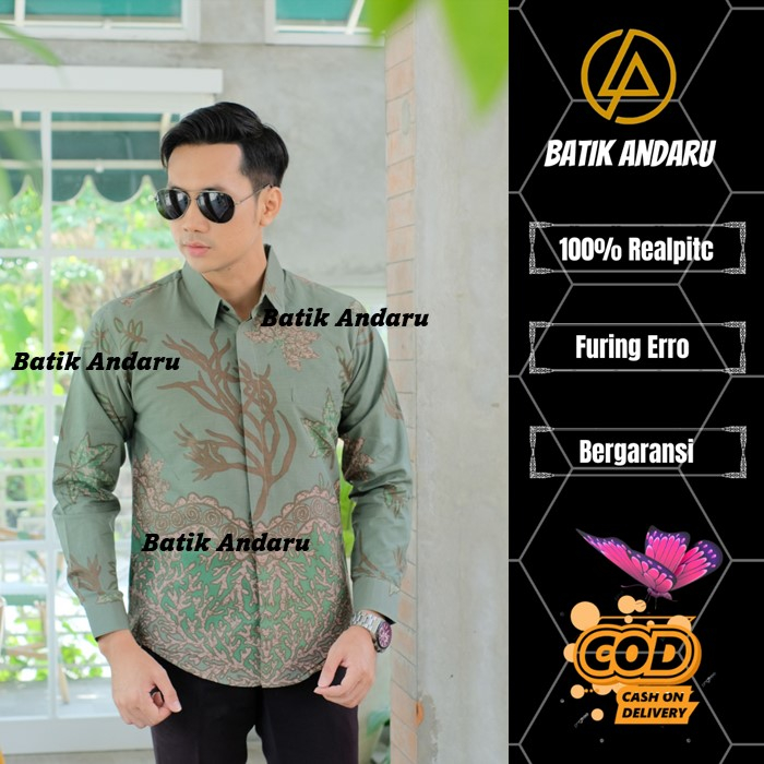 Kemeja Batik Pria Slimfit Lengan Panjang Modern Kualitas Premium Heem Elegant Warna Hijau Sage