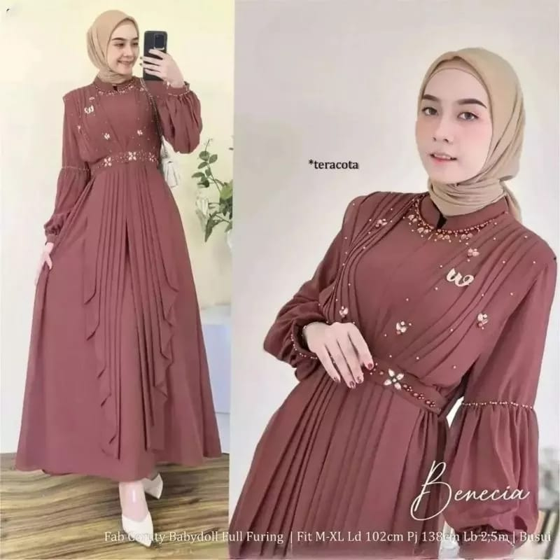 Benecia Maxy Dress Kondangan Gamis Ceruty Babydoll Full Furing Gamis Wanita Aplikasi Mutiara Baju Pesta Wanita Muslim