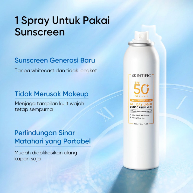 Skintific All Day Light Sunscreen Mist SPF50 PA++++ Sunscreen Spray Anti UV Wajah/Body Spray 50ml Face Sunscreen Sun Protection Sunblock