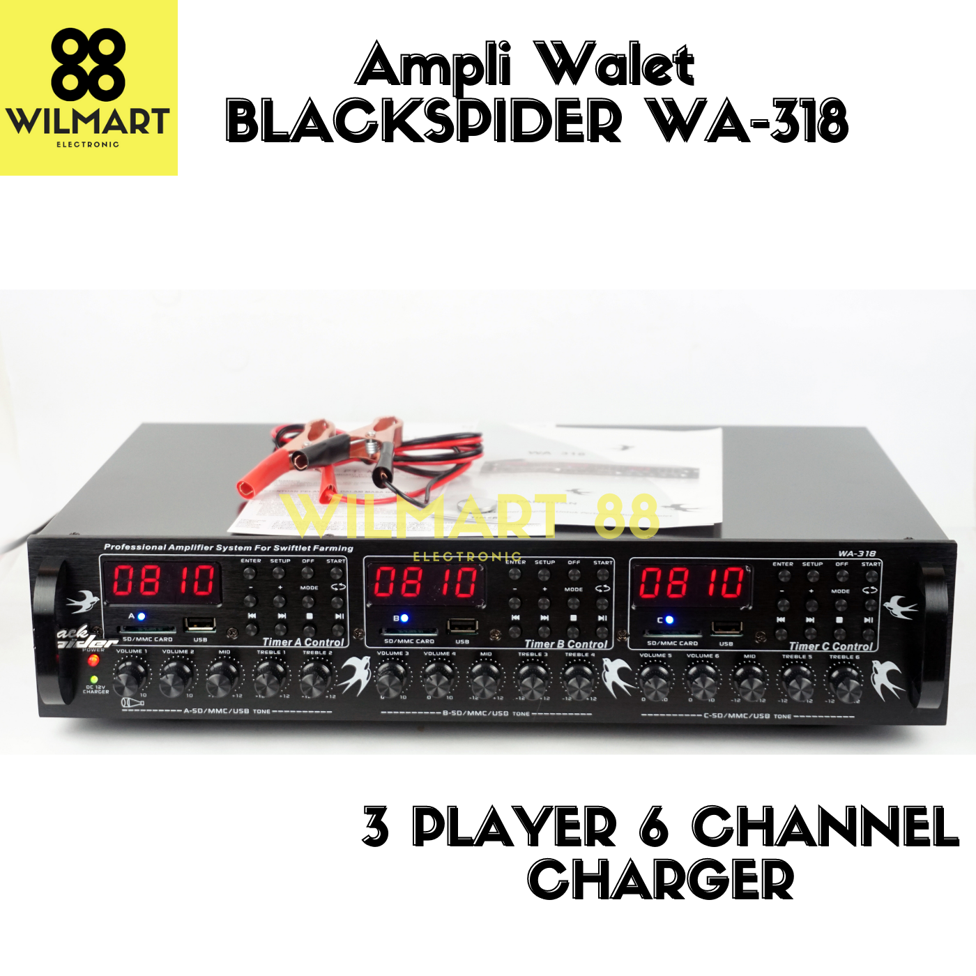 Ampli Walet BlackSpider WA-318 | Amplifier Walet BS WA - 318 | 6 Channel 3 Player | High Quality Original | MP3 | USB / SD |