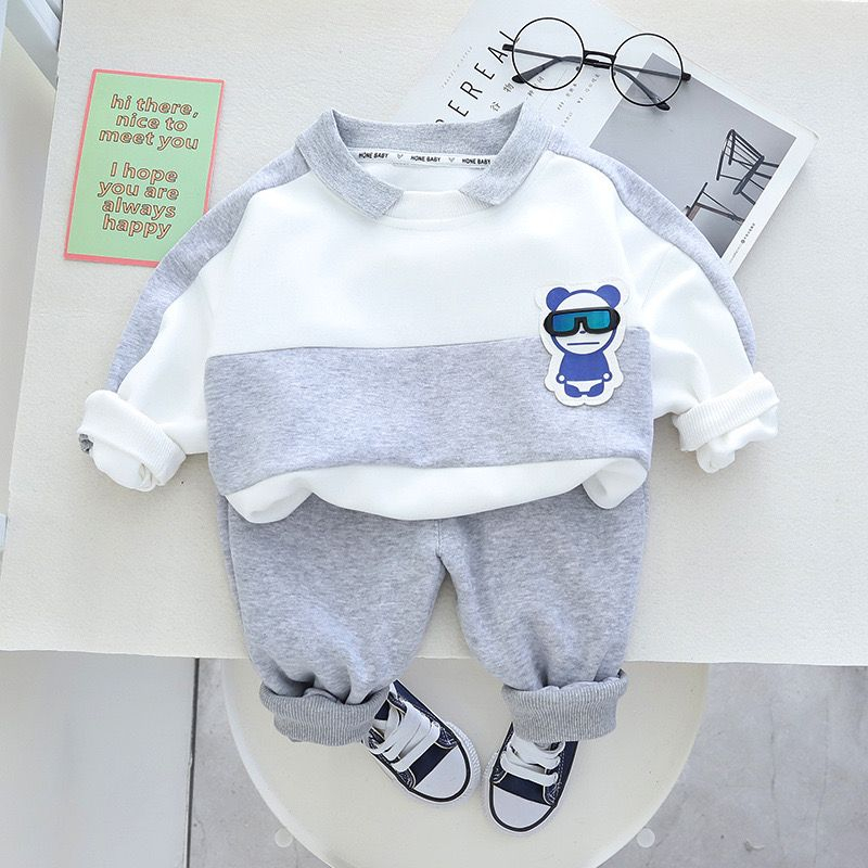 setelan anak lengan panjang motif salur grey white bear usia 6 bulan sampai 5 tahun lucu