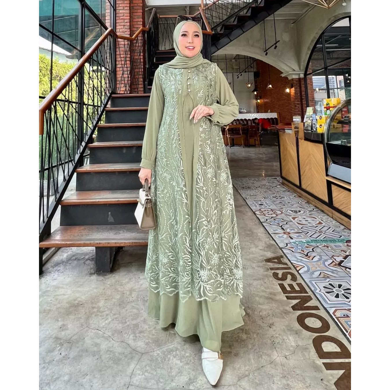 baju gamis wanita warna sage green medina dress gamis stelan wanita gamis set inner gamis terbaru